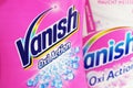 Closeup of Vanish oxi action washing detergent box