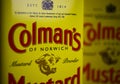 Makro close up of isolated retro design cans original english mustard powder with colmans logo lettering Royalty Free Stock Photo