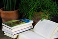 VIERSEN, GERMANY - MARCH 11. 2019: View on open book with red reading glasses and stack of travel books on antique round wood Royalty Free Stock Photo