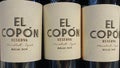 Closeup of bottles spanish El Copon Monastrell Syrah reserva red wine bottles Bullas DOP