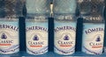 Closeup of crate with RÃÂ¶merwall mineral drinking deposit water plastic bottles Royalty Free Stock Photo