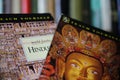 Closeup of isolated nonfiction books cover about asian faiths hinduism and buddhism