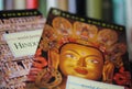 Closeup of isolated nonfiction books cover about asian faiths hinduism and buddhism