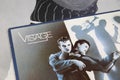 Closeup of isolated vinyl record covers of british new wave band visage with hit fade to gray focus on center of lettering