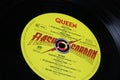 Closeup of isolated vinyl record label of Queen flash gordon movie soundtrack