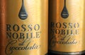 Closeup of italian Rosso Nobile al Cioccolata red wine bottle label with chocolate flavor