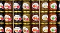 Closeup of many jars Wolfram Berge delicatessen sauces and jam in german store