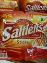 Closeup of packet Saltletts salt sticks in shelf of german supermarket