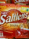 Closeup of packet Saltletts salt sticks in shelf of german supermarket