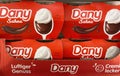 Closeup of packs Dany Sahne chocolate pudding in store shelf