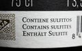 Closeup of Rioja red wine bottle label with information Contains Sulfites