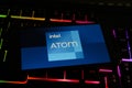 Closeup of smartphone with logo lettering of intel atom processor cpu on computer keyboard