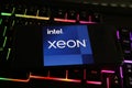 Closeup of smartphone with logo lettering of intel xeon processor cpu on computer keyboard