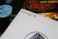 Closeup of vinyl record covers from us american rock music band Chicago