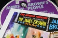 Closeup of vinyl record covers from us american soul music singer James Brown