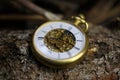 Macro close up of isolated golden antique pocket watch with filigree movement clockwork on natural bark of tree trunk Royalty Free Stock Photo