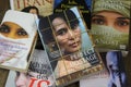 View on collection of international books with stories about women fates Royalty Free Stock Photo