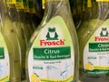 Close up of Frosch cleaning detergents bottles in shelf of german supermarket Royalty Free Stock Photo