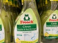 Close up of Frosch cleaning detergents bottles in shelf of german supermarket Royalty Free Stock Photo