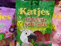 Close up of Katjes chewing sweets packs in shelf of german supermarket