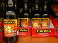 Close up of Chi Wan japanese soja sauce bottles in shelf of german supermarket