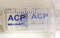 Closeup of Arthrex ACP double syringe for production of autologous platelet rich plasma, PRP, from own blood