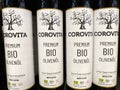 Closeup of corovita olive oil bottles