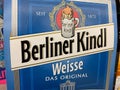 Closeup of six pack Berliner Kindl beer in shelf of german supermarket
