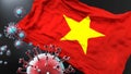 Viet Nam and the covid pandemic - corona virus attacking national flag of Viet Nam to symbolize the fight, struggle and the virus