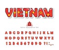 Vietnam cartoon font. Vietnamese national flag colors. Paper cutout glossy ABC letters and numbers. Bright alphabet for