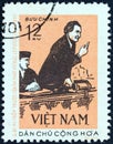 VIETNAM - CIRCA 1972: A stamp printed in North Vietnam shows Georgi Dimitrov at Leipzig court, 1933, circa 1972. Royalty Free Stock Photo