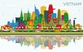 Vietnam City Skyline with Color Buildings, Blue Sky and Reflections. Vector Illustration. Tourism Concept with Historic