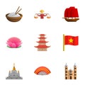 Vietnam country icon set, cartoon style