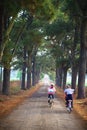 Vietnam countryside landscape with children cycling to school on soild road along lines of tree. Royalty Free Stock Photo