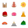 Vietnam culture icon set, cartoon style