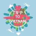 Vietnam famous landmark silhouette overlay style around text,vintage design