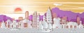 Vietnam famous landmarks paper art style with purple yellow and white color