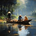 vietnam fishermen on the boat go out to fish at sunset Royalty Free Stock Photo