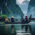 vietnam fishermen on the boat go out to fish at sunset Royalty Free Stock Photo