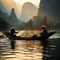 vietnam fishermen on the boat go out to fish at sunset Royalty Free Stock Photo