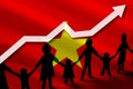 Vietnam flag on a background of a growing arrow up and people with children holding hands