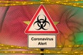 Vietnam flag and Covid-19 biohazard symbol with quarantine orange tape. Coronavirus or 2019-nCov virus concept