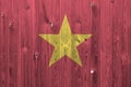 Vietnam flag depicted in bright paint colors on old wooden wall. Textured banner on rough background