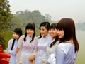 Vietnam girls in silk dresses posing in the mist