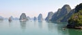 Panorama of many limestone karsts in the sunshine, Halong Bay Vietnam