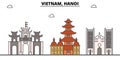 Vietnam, Hanoi outline skyline, vietnamese flat thin line icons, landmarks, illustrations. Vietnam, Hanoi cityscape