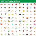 100 vietnam icons set, cartoon style