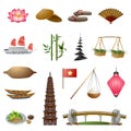 Vietnam icons set, cartoon style