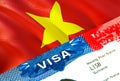 Vietnam immigration visa. Closeup Visa to Vietnam focusing on word VISA, 3D rendering. Travel or migration to Vietnam destination Royalty Free Stock Photo