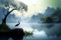 Vietnam lake heron nature morning fog. Generate Ai Royalty Free Stock Photo